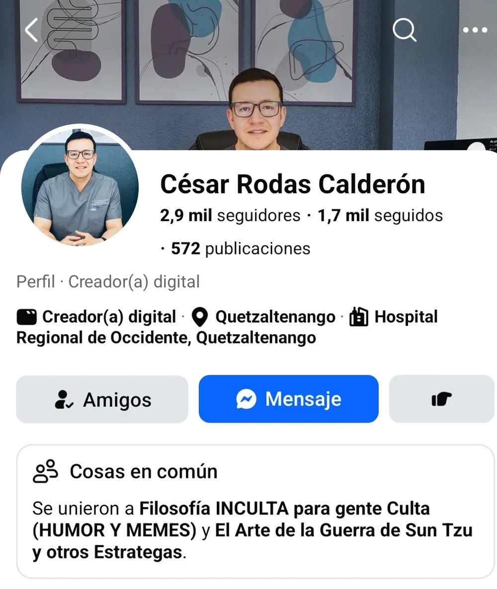 Perfil de Facebook del Dr. César Rodas Calderón, cirujano bariatra en Quetzaltenango